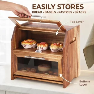 Acacia Wood Double Layer Bread Box - Thumbnail Image 3