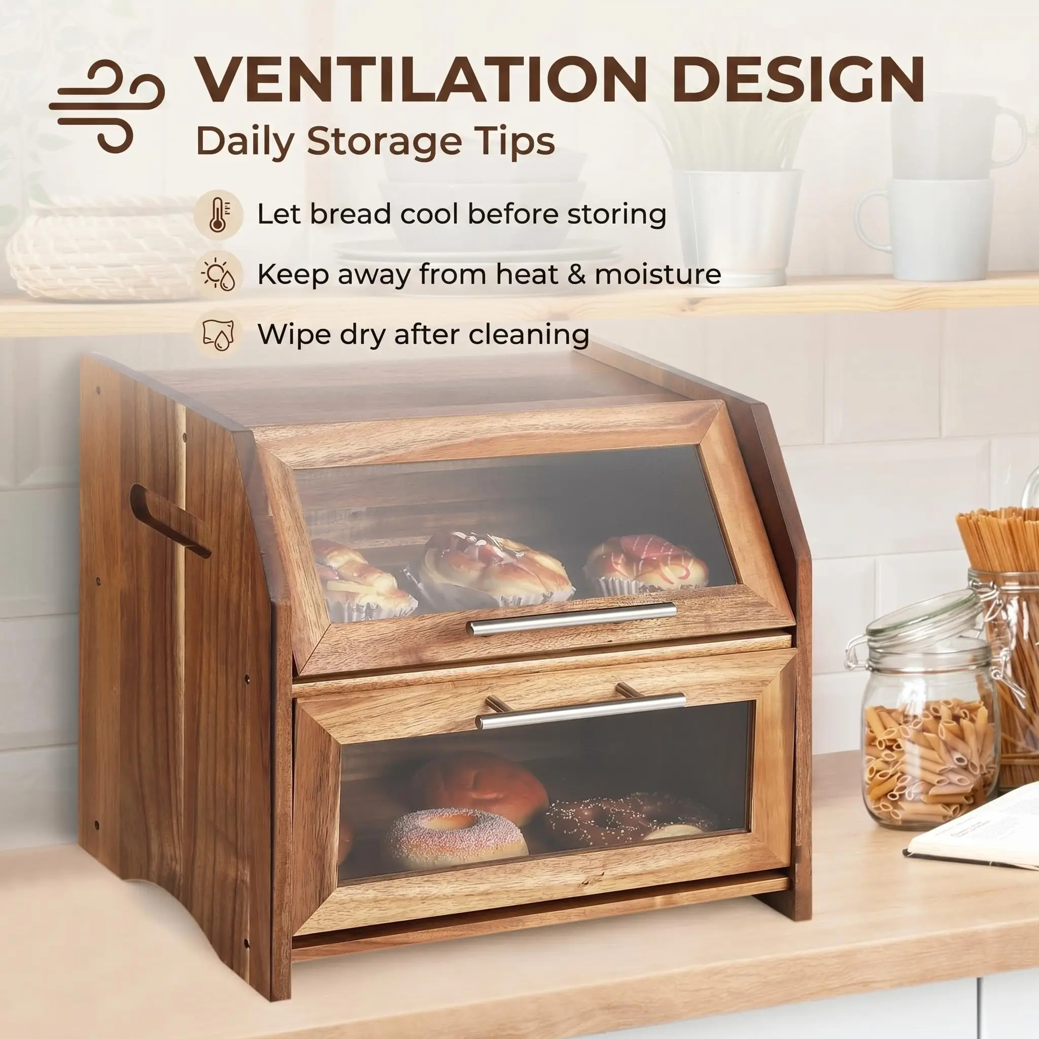 Acacia Wood Double Layer Bread Box - Image 2