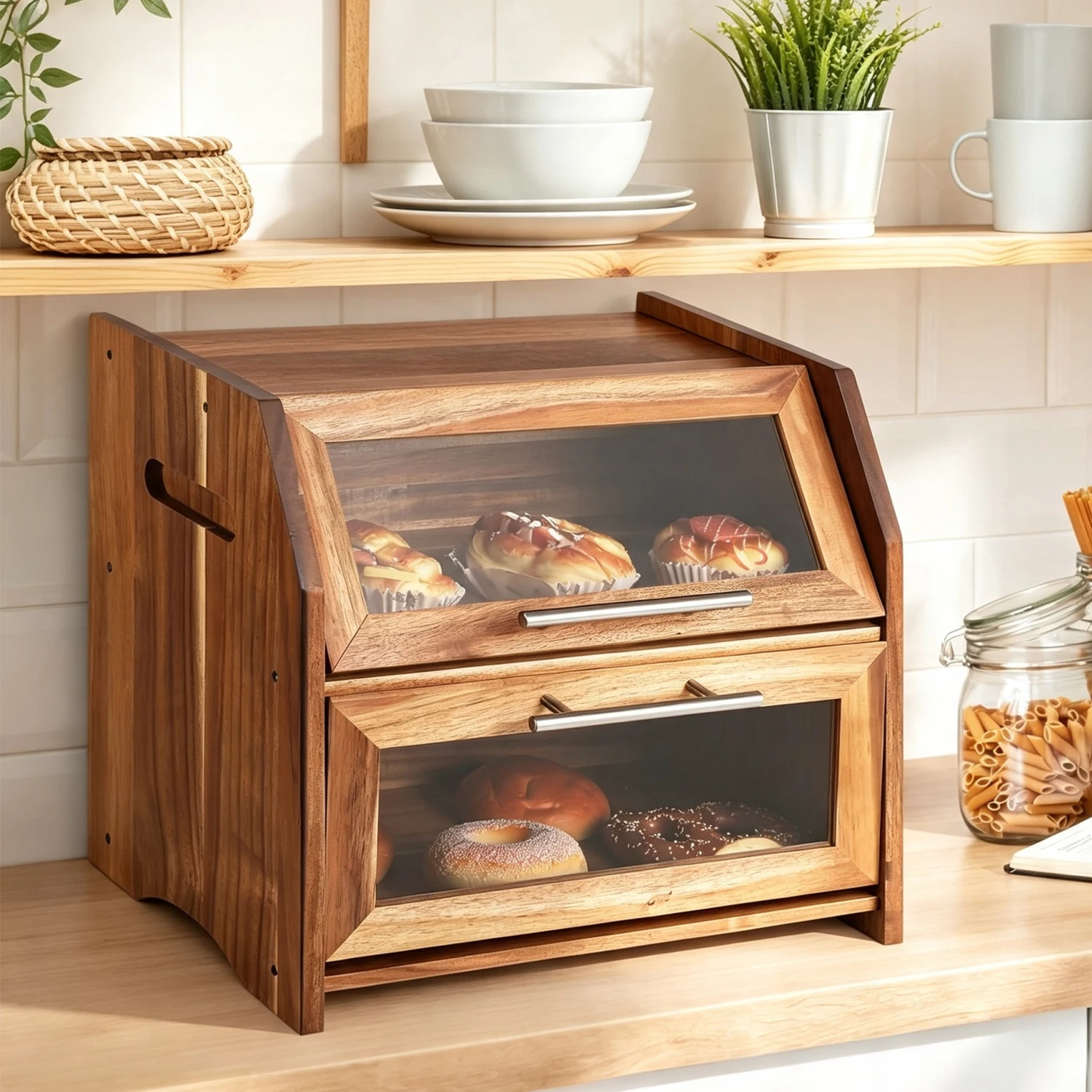 Acacia Wood Double Layer Bread Box - Image 1